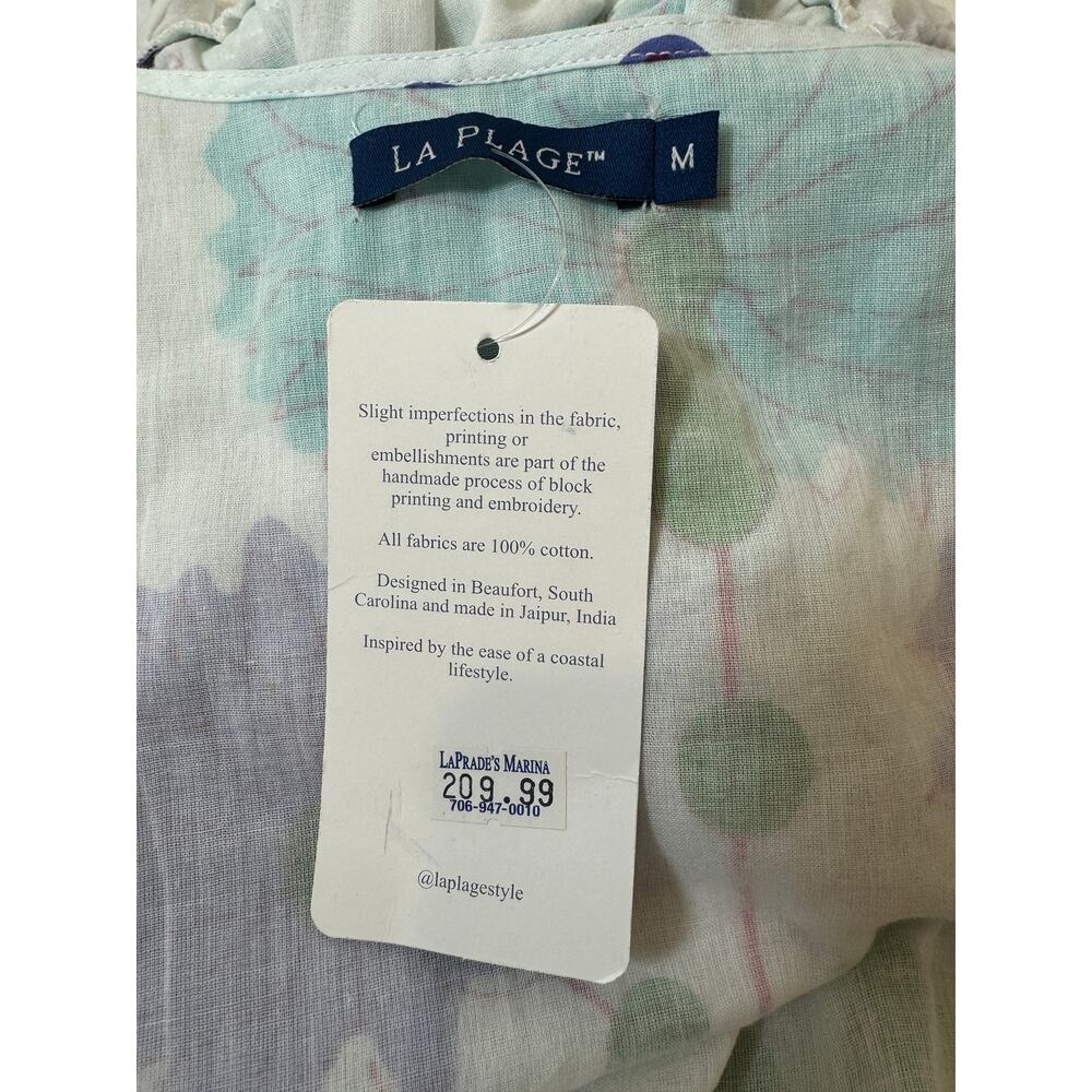La Plage Maxi Dress Size M White Blue Purple Floral Print Tassel Tie Waist Boho - Picture 9 of 16